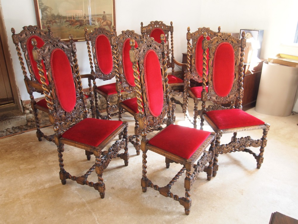 Chairs fine set of 8 carved Charles II style dining chairs c1920 View VI