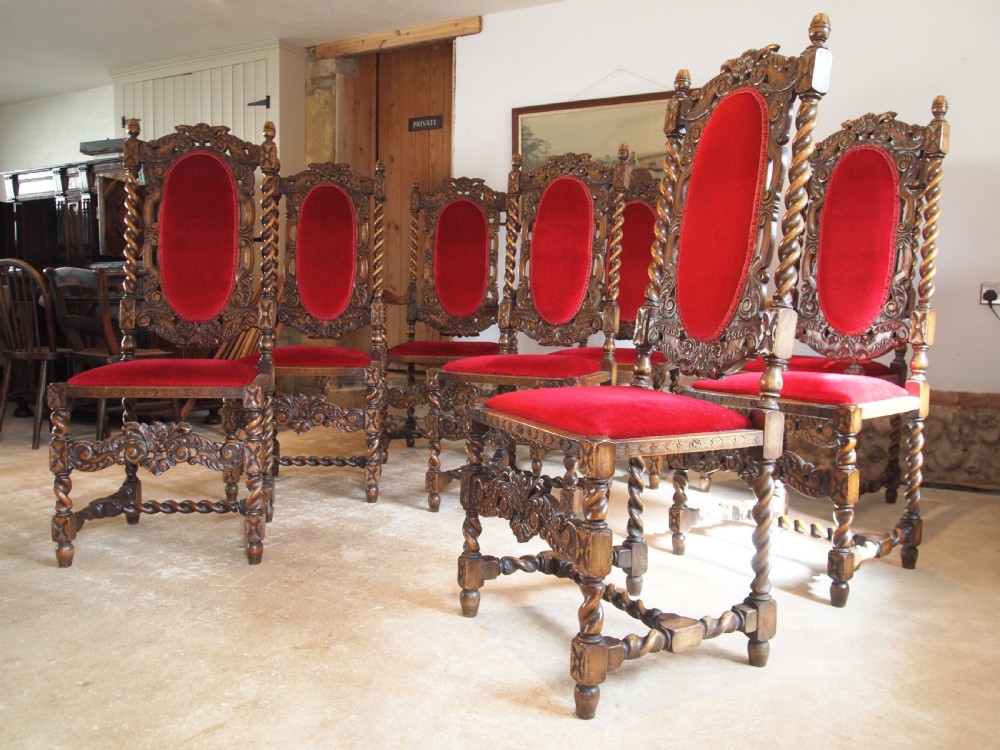 Chairs fine set of 8 carved Charles II style dining chairs c1920 View X