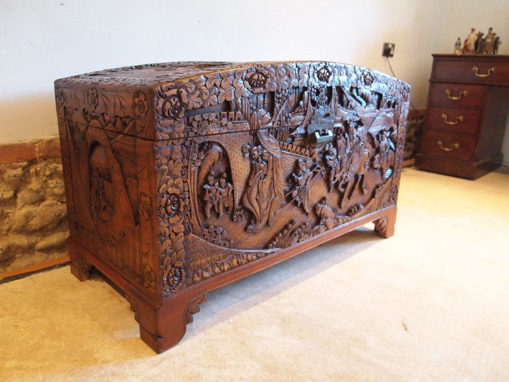 Chest trunk coffer blanket box Camphorwood Chinese carved c1910
