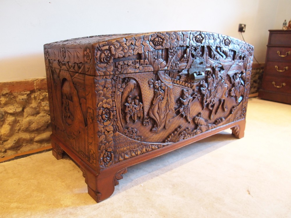 Chest trunk coffer blanket box Camphorwood Chinese carved c1910 View IX