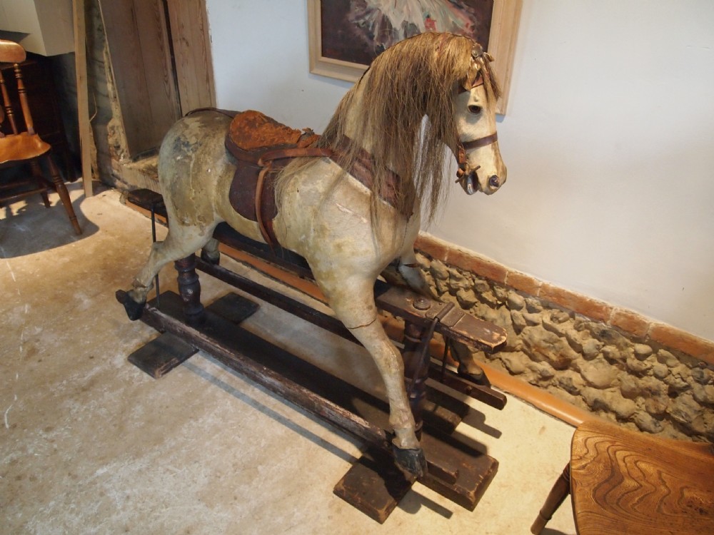 Rocking horse rare large Victorian Pony skin Beech and Hessian c1880 View II