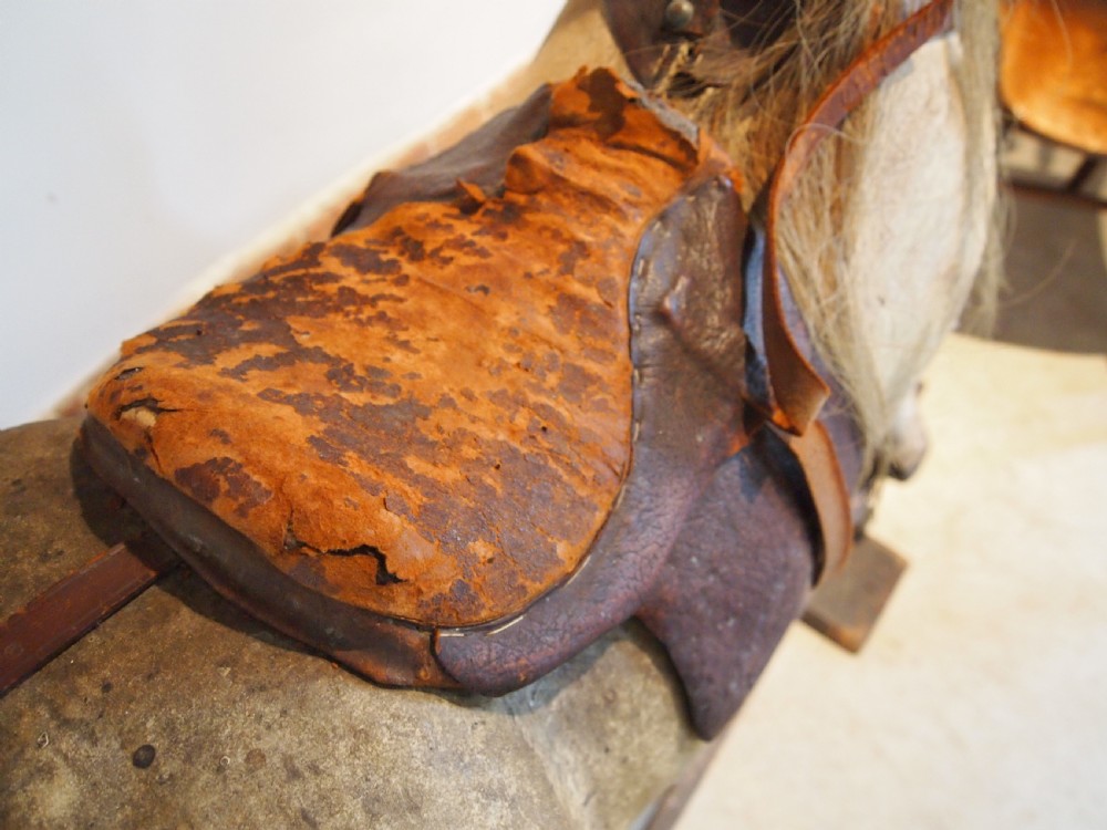 Rocking horse rare large Victorian Pony skin Beech and Hessian c1880 View V