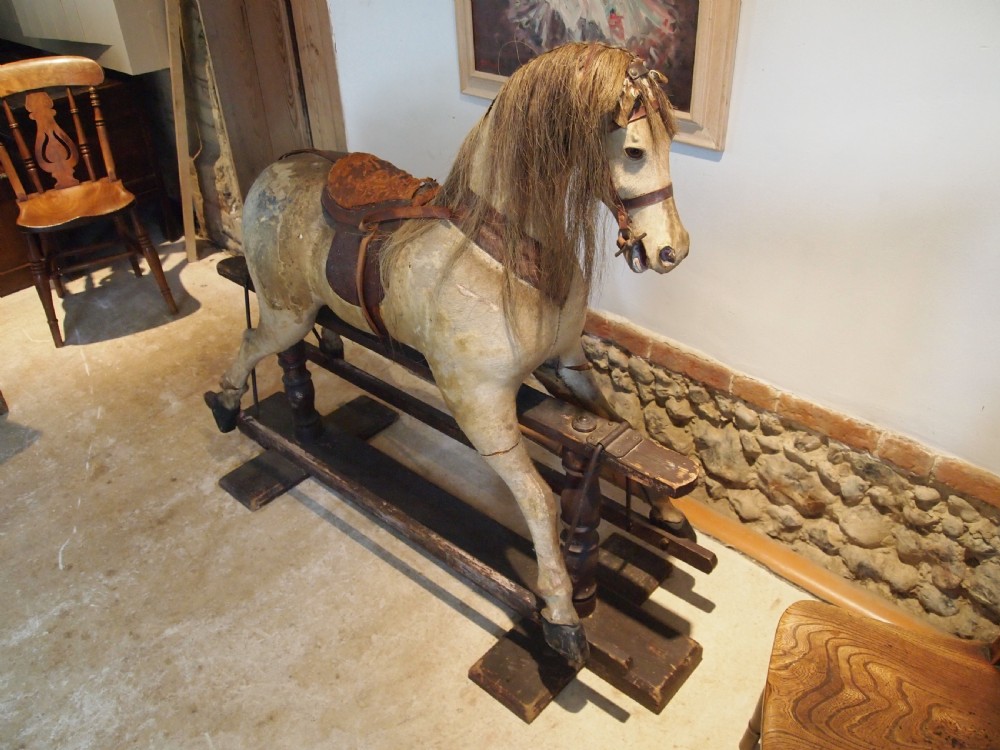 Rocking horse rare large Victorian Pony skin Beech and Hessian c1880 View VI
