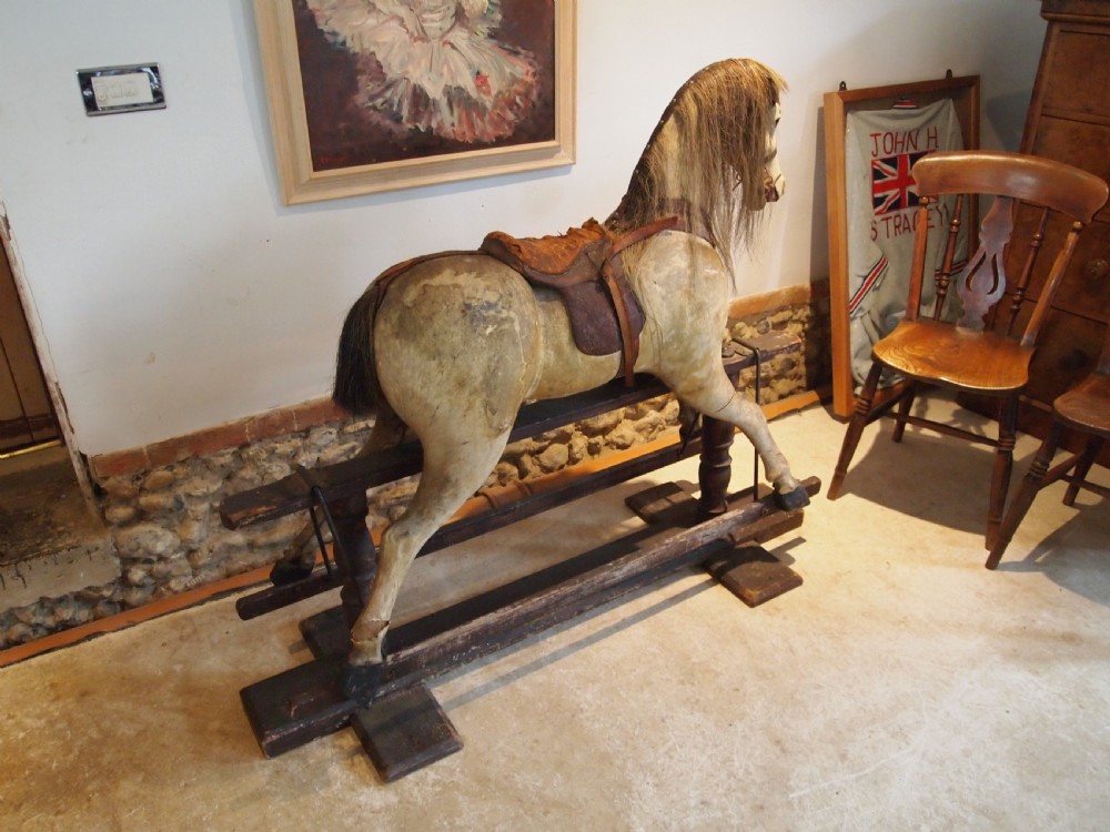 Rocking horse rare large Victorian Pony skin Beech and Hessian c1880 View VII