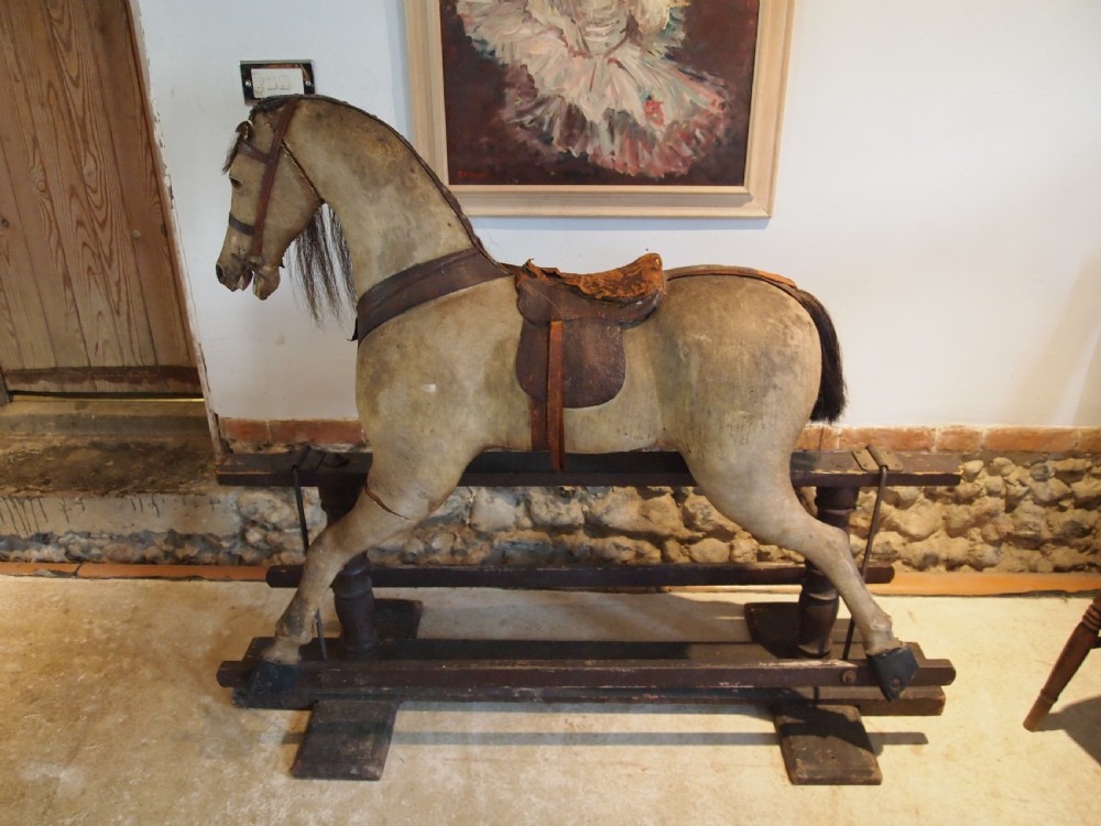 Rocking horse rare large Victorian Pony skin Beech and Hessian c1880 View VIII