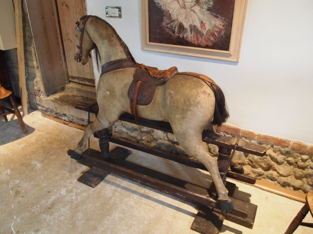 Rocking horse rare large Victorian Pony skin Beech and Hessian c1880 View IX