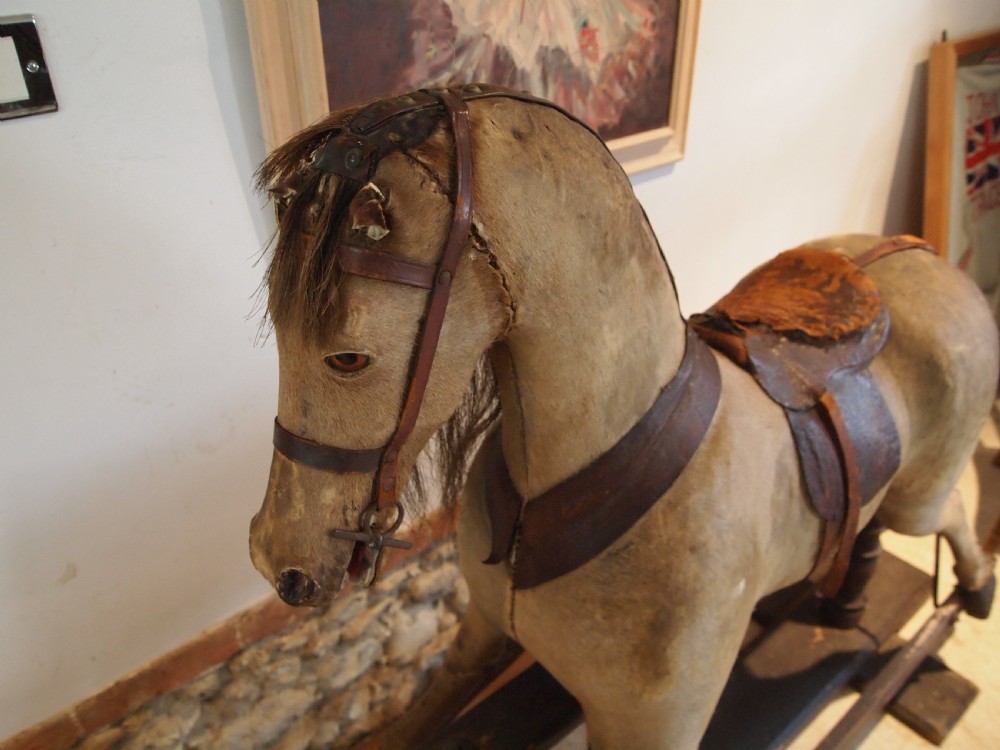 Rocking horse rare large Victorian Pony skin Beech and Hessian c1880 View X