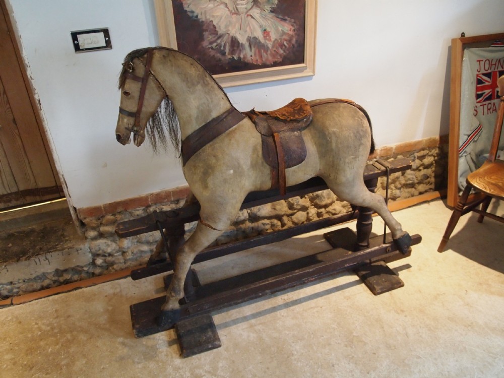 Rocking horse rare large Victorian Pony skin Beech and Hessian c1880 View XI