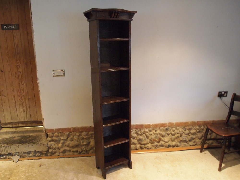 Bookcase tall slim Arts and Crafts Oak c1900 View V
