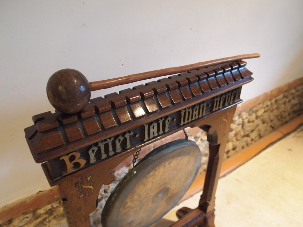 Dinner Gong rare Pugin influenced Arts and crafts Oak Gothic c1880 View III