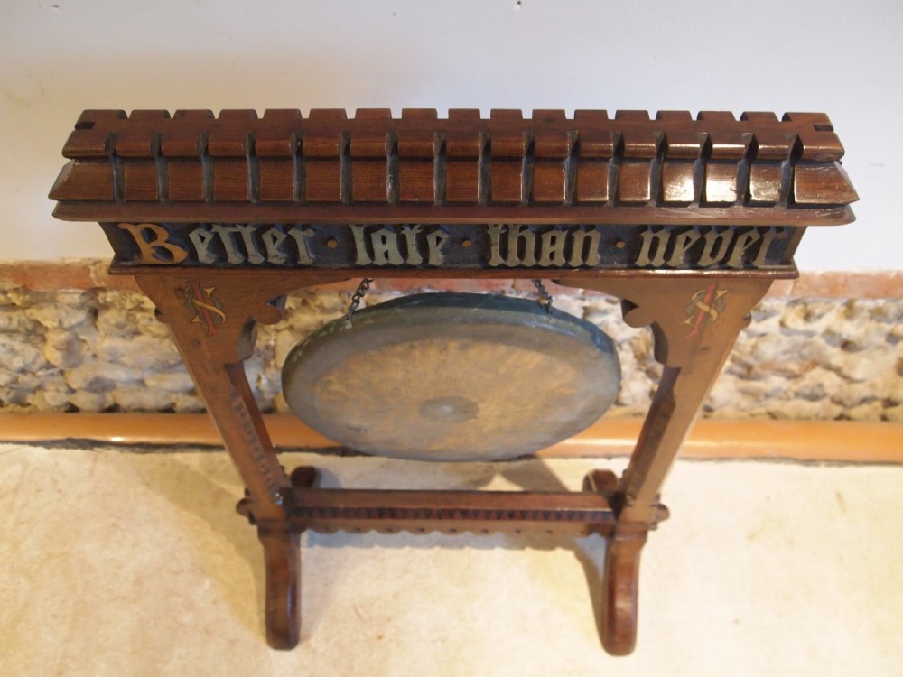 Dinner Gong rare Pugin influenced Arts and crafts Oak Gothic c1880 View VI