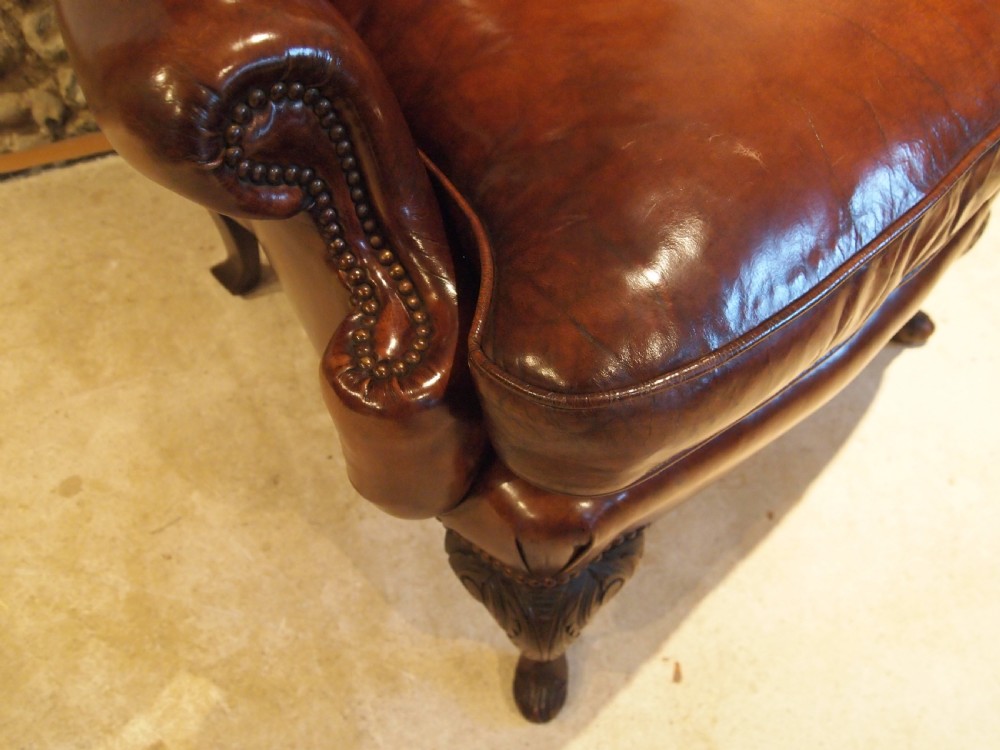 Chair stunning Chestnut leather Victorian Oak wing armchair c1880 View II