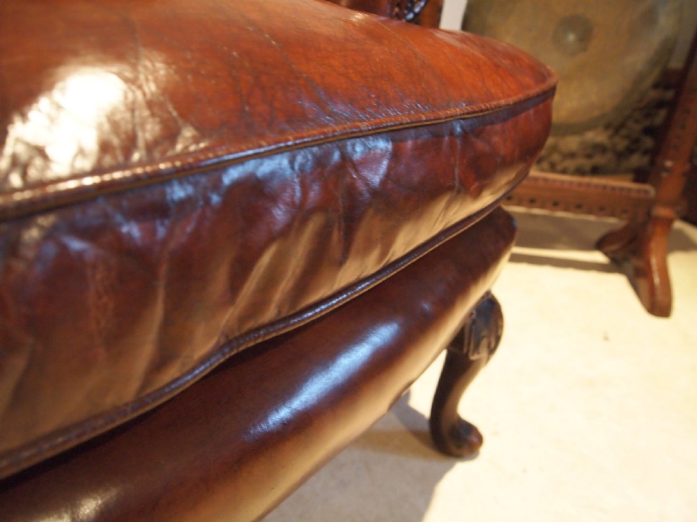 Chair stunning Chestnut leather Victorian Oak wing armchair c1880 View IV
