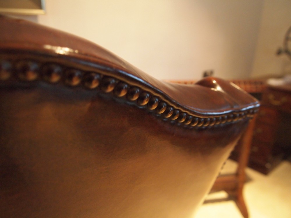 Chair stunning Chestnut leather Victorian Oak wing armchair c1880 View VI