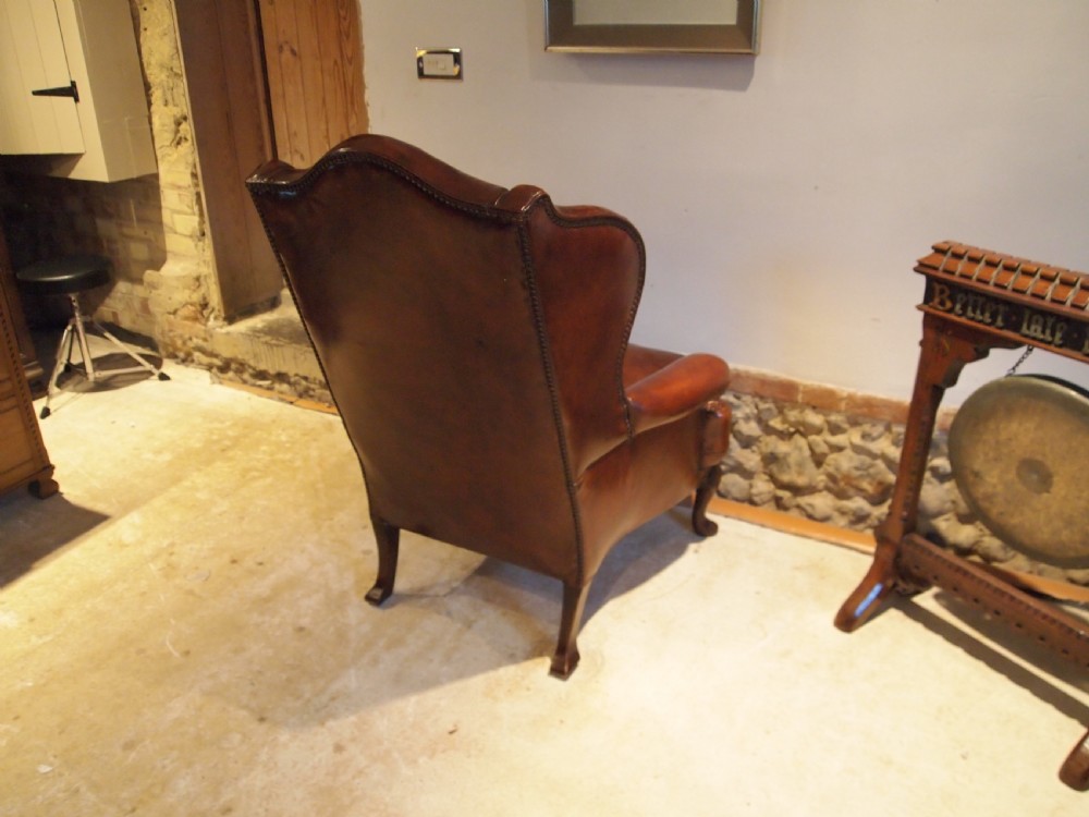 Chair stunning Chestnut leather Victorian Oak wing armchair c1880 View VII