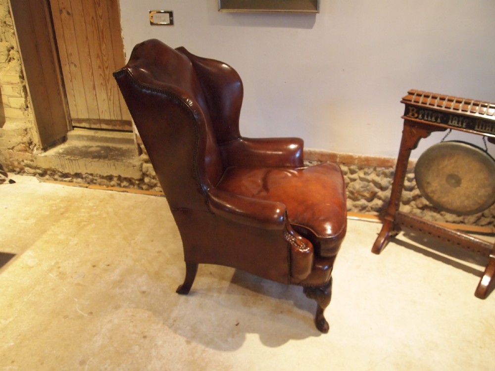 Chair stunning Chestnut leather Victorian Oak wing armchair c1880 View VIII