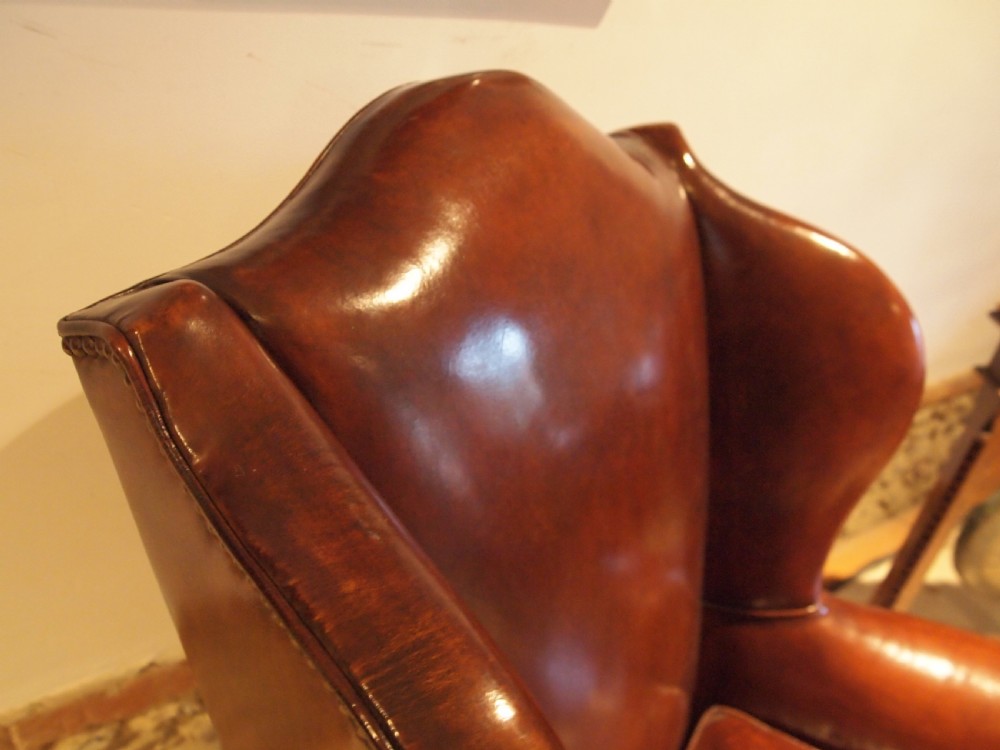 Chair stunning Chestnut leather Victorian Oak wing armchair c1880 View IX