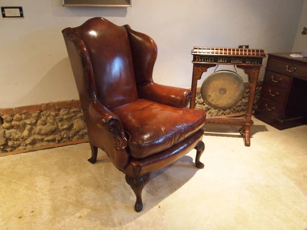 Chair stunning Chestnut leather Victorian Oak wing armchair c1880 View XI