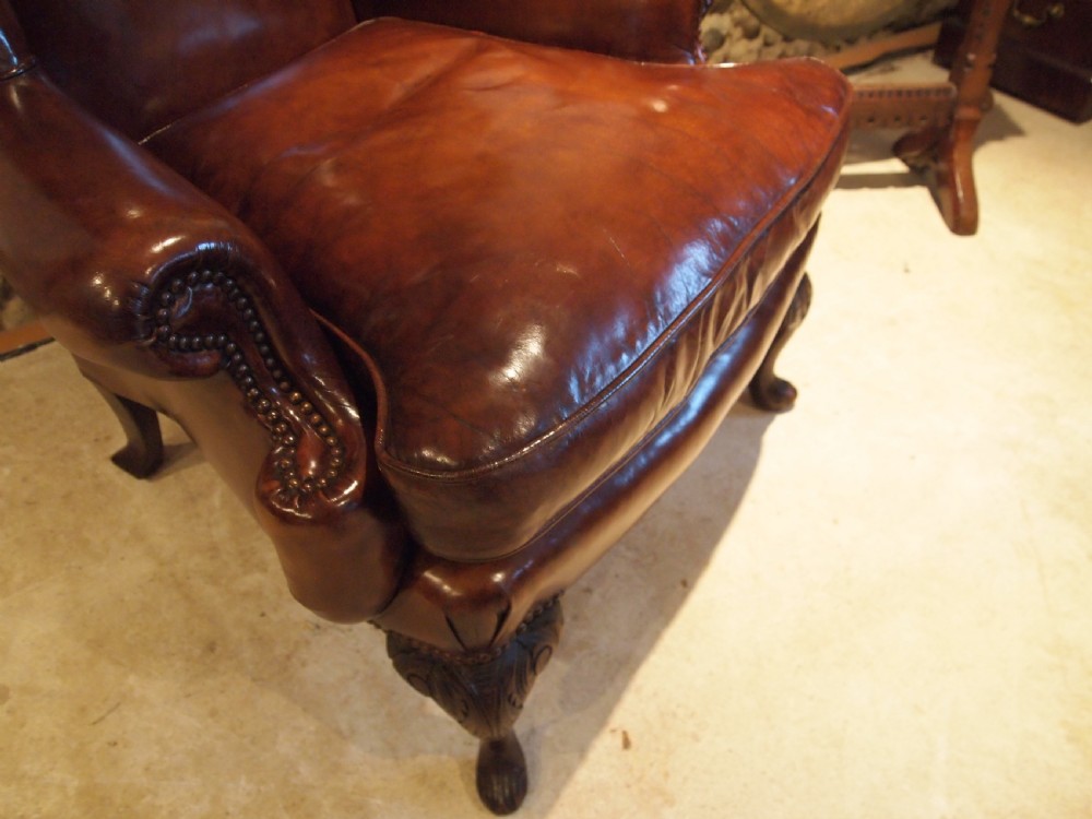 Chair stunning Chestnut leather Victorian Oak wing armchair c1880 View XII