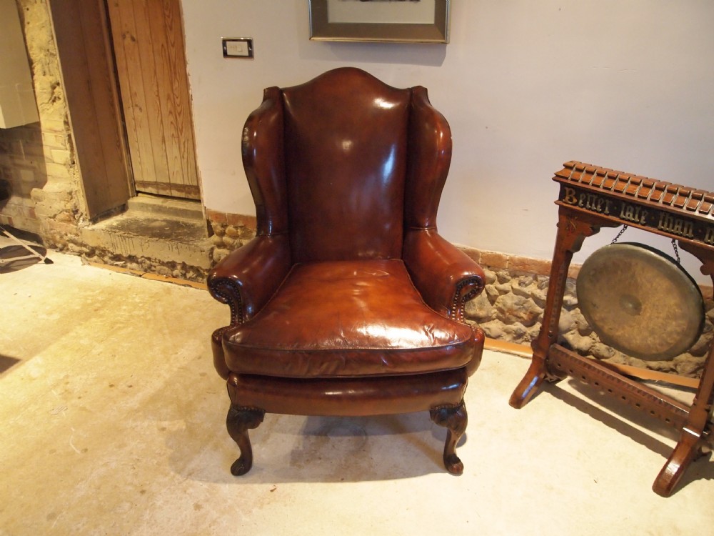 Chair stunning Chestnut leather Victorian Oak wing armchair c1880 View XIII