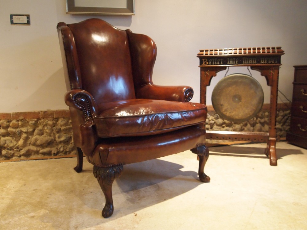 Chair stunning Chestnut leather Victorian Oak wing armchair c1880 View XIV