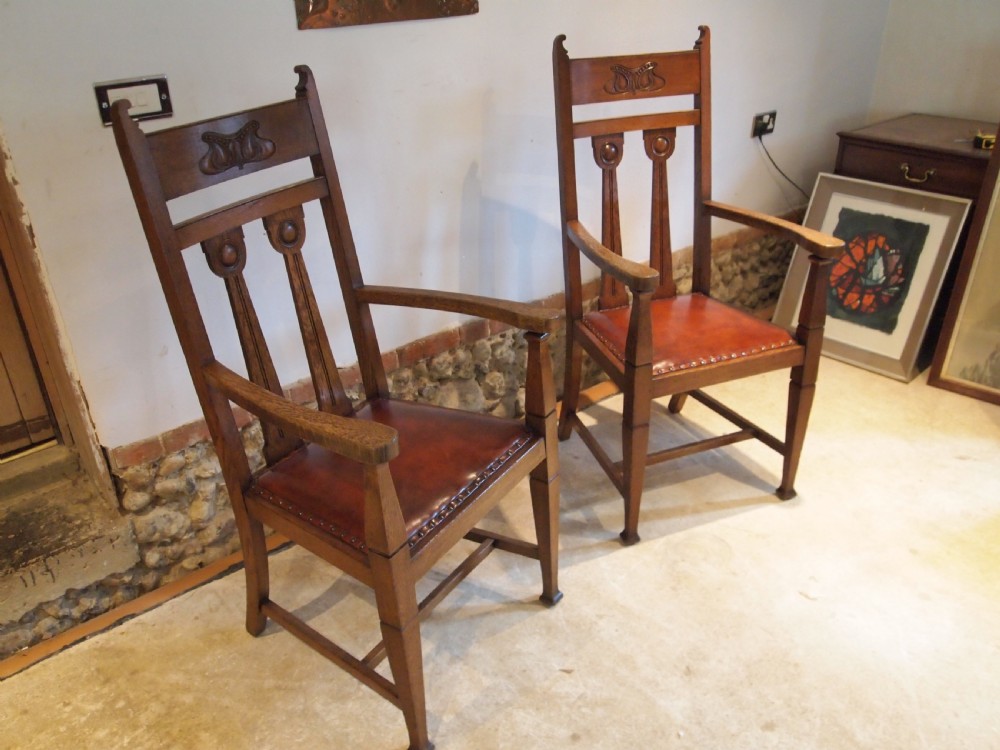 Chairs fine pair of Oak Arts and Crafts armchairs c1900 View X