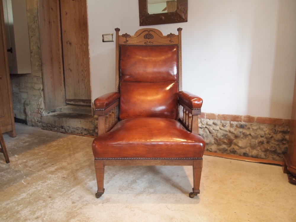 Chair outstanding Arts and Crafts Oak and leather armchair c1880 View III
