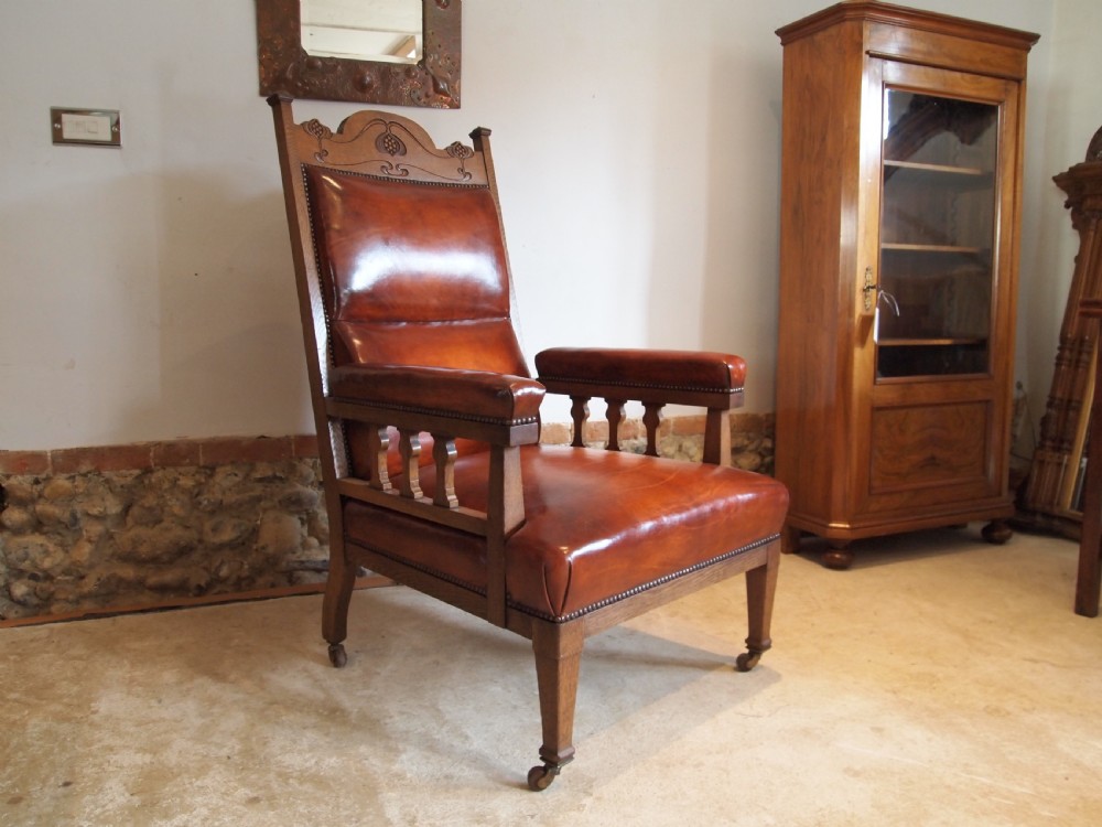 Chair outstanding Arts and Crafts Oak and leather armchair c1880 View IV