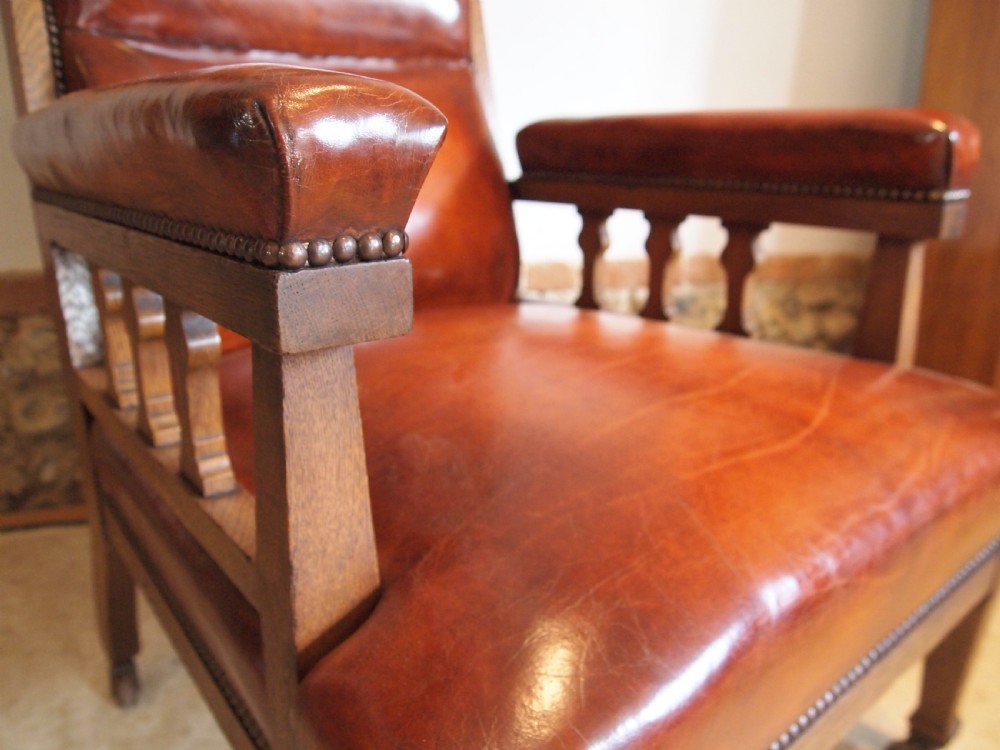 Chair outstanding Arts and Crafts Oak and leather armchair c1880 View V