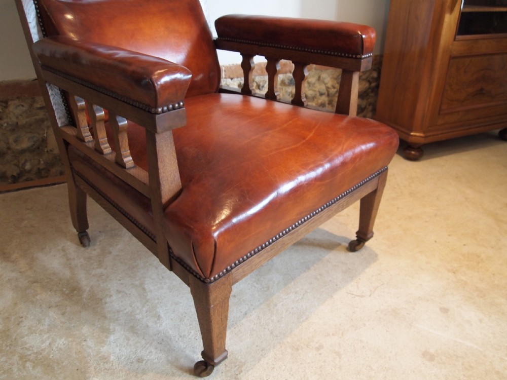 Chair outstanding Arts and Crafts Oak and leather armchair c1880 View VIII