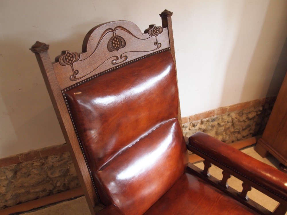 Chair outstanding Arts and Crafts Oak and leather armchair c1880 View IX