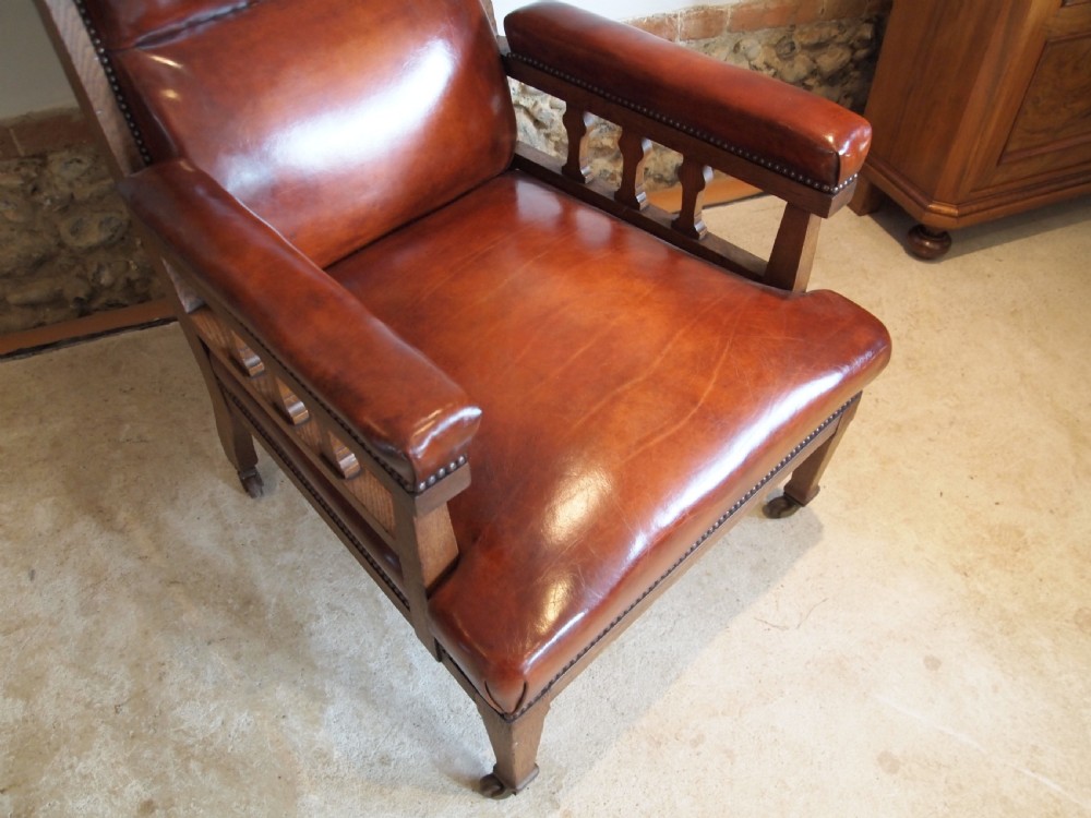 Chair outstanding Arts and Crafts Oak and leather armchair c1880 View XI