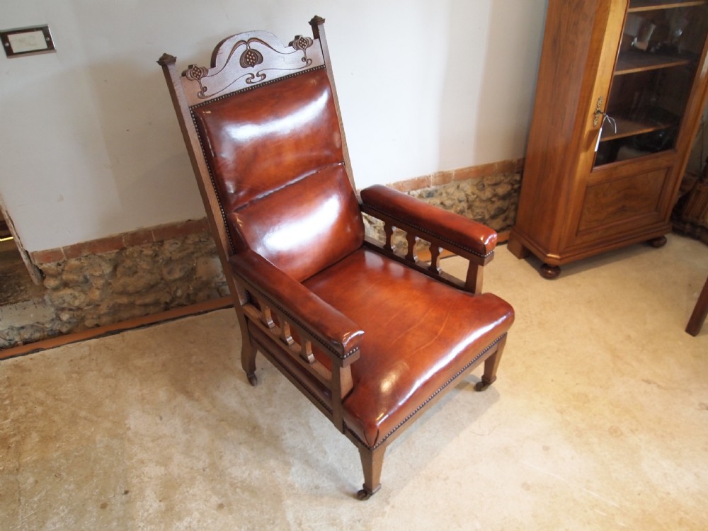 Chair outstanding Arts and Crafts Oak and leather armchair c1880 View XII
