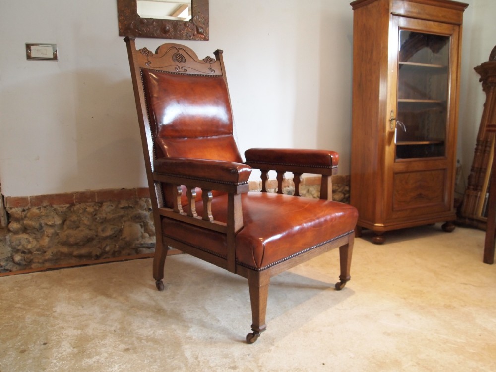 Chair outstanding Arts and Crafts Oak and leather armchair c1880 View XIII