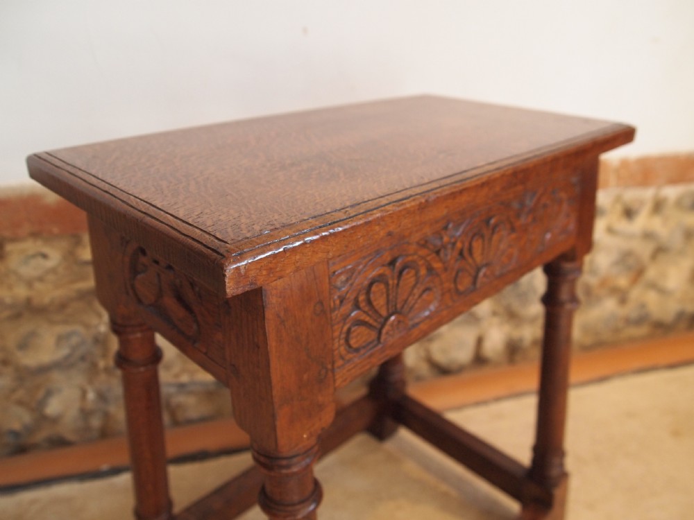 Stool carved Oak joint stool c1920 View XI