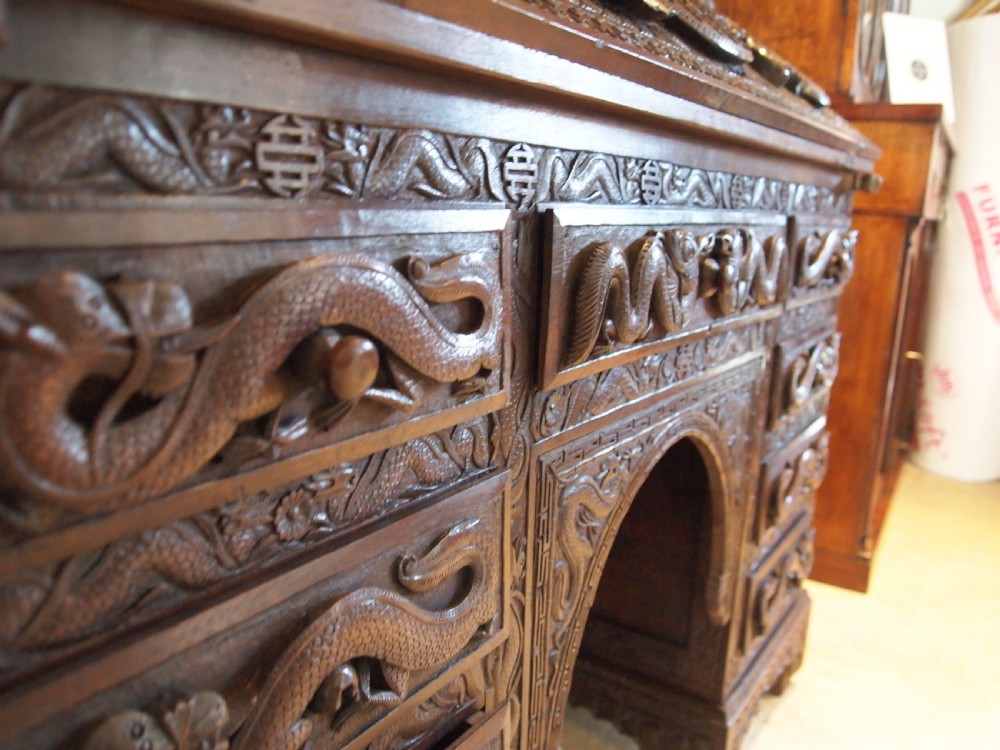 Desk Bureau stunning Chinese carved 1900 View XI