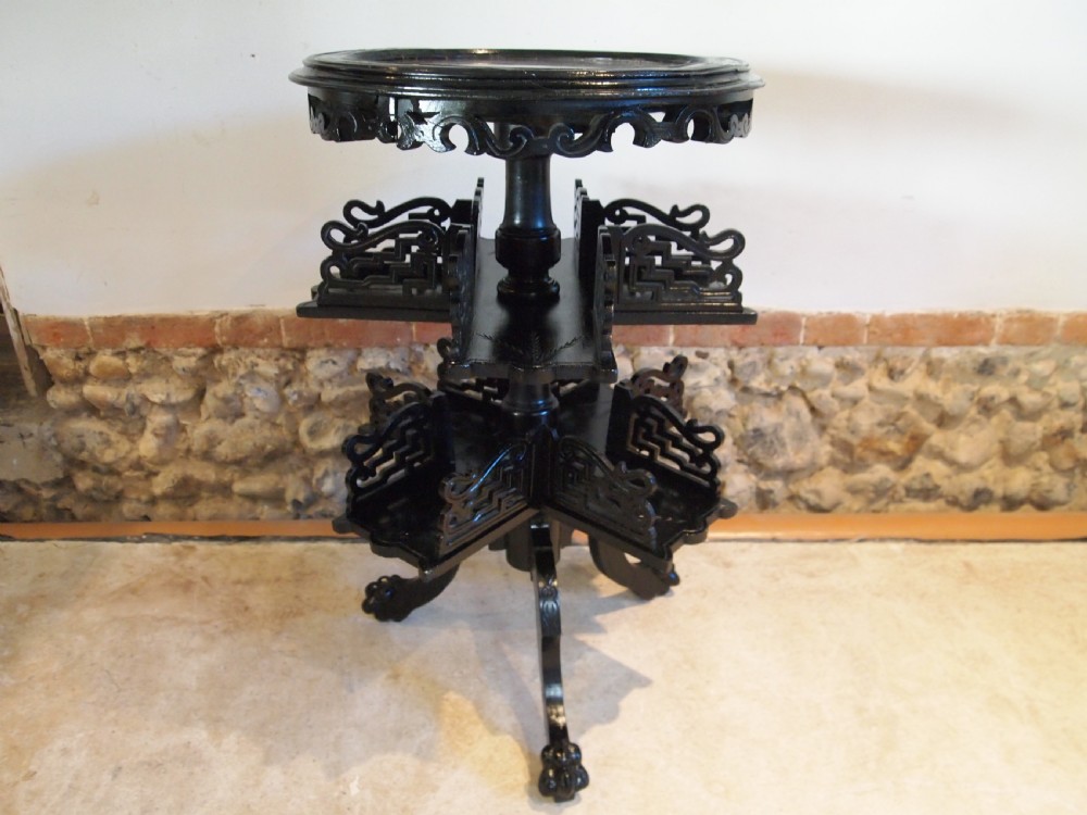 Rare Chinese style Victorian ebonised revolving bookcase c1880 View III