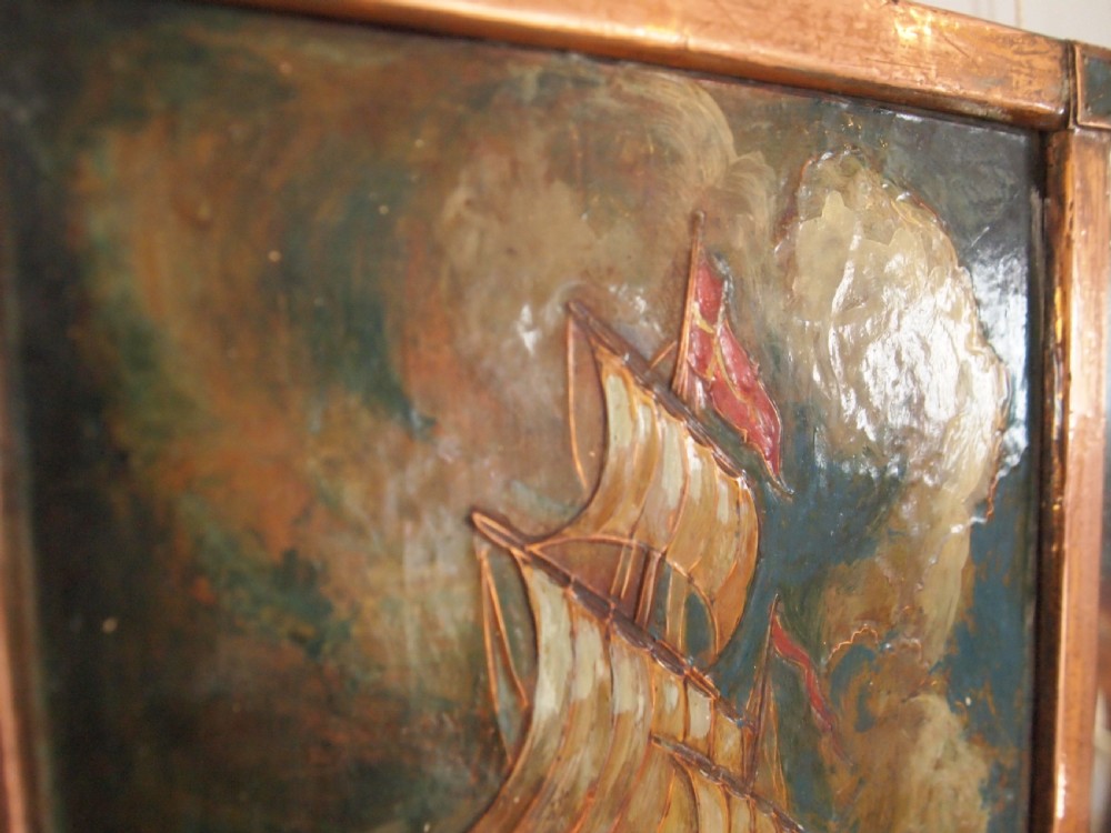 Mirror Arts and Crafts Liberty style Copper and oil galleons c1910 View III