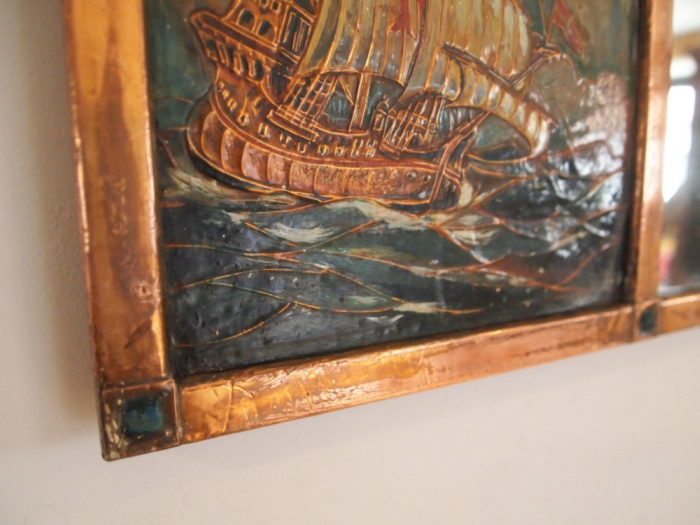 Mirror Arts and Crafts Liberty style Copper and oil galleons c1910 View V