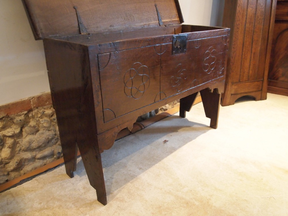 Coffer chest rare full height blanket box Queen Anne Oak six plank c1700 View X