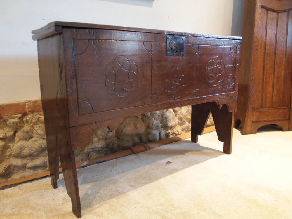 Coffer chest rare full height blanket box Queen Anne Oak six plank c1700 View XI