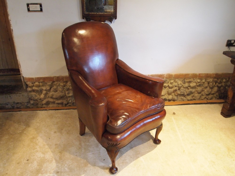 Chair Edwardian Queen Anne Chestnut leather Walnut armchair c1900