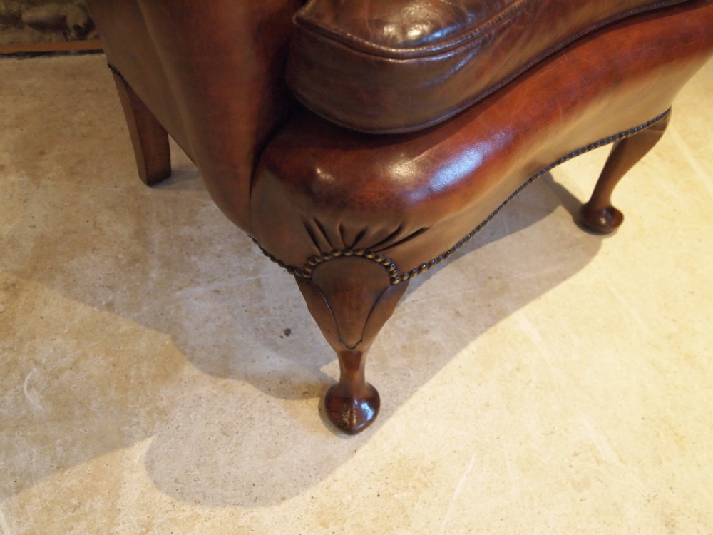 Chair Edwardian Queen Anne Chestnut leather Walnut armchair c1900 View II