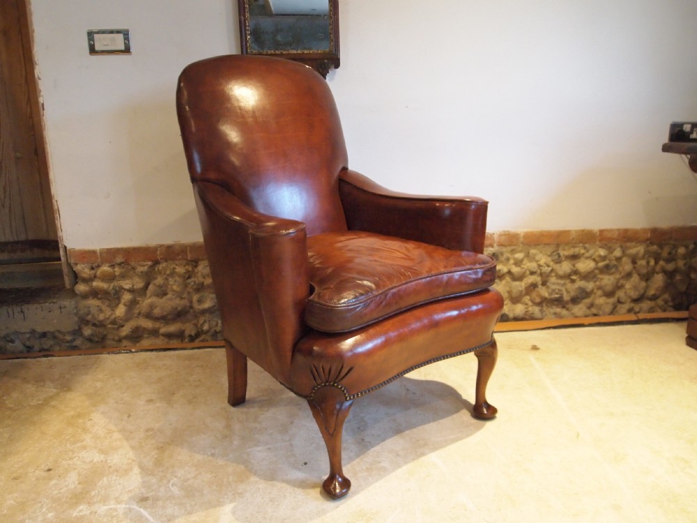 Chair Edwardian Queen Anne Chestnut leather Walnut armchair c1900 View IV