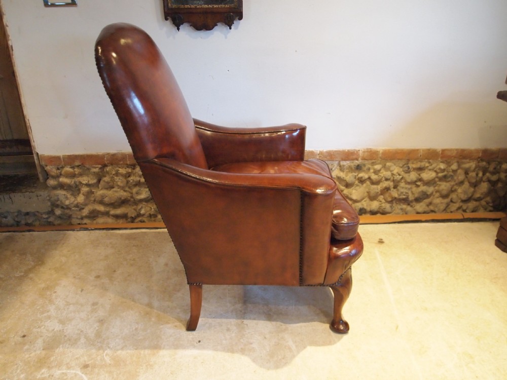 Chair Edwardian Queen Anne Chestnut leather Walnut armchair c1900 View V