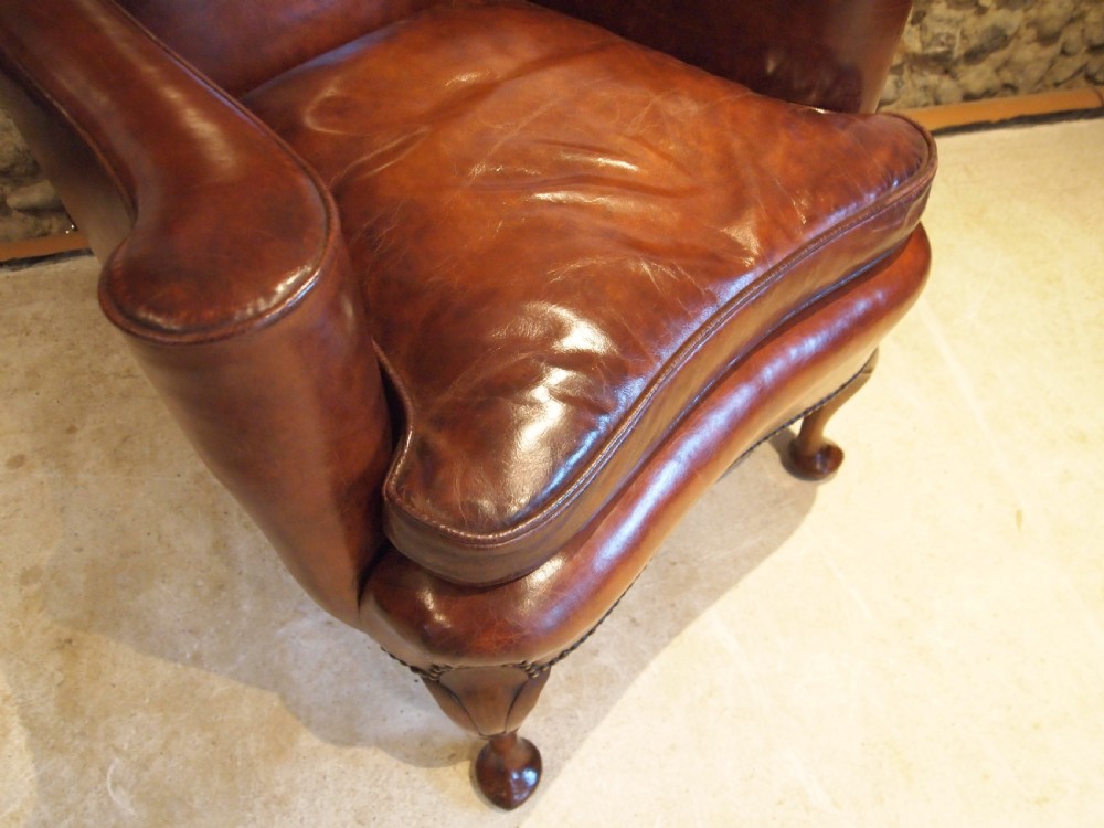 Chair Edwardian Queen Anne Chestnut leather Walnut armchair c1900 View VII