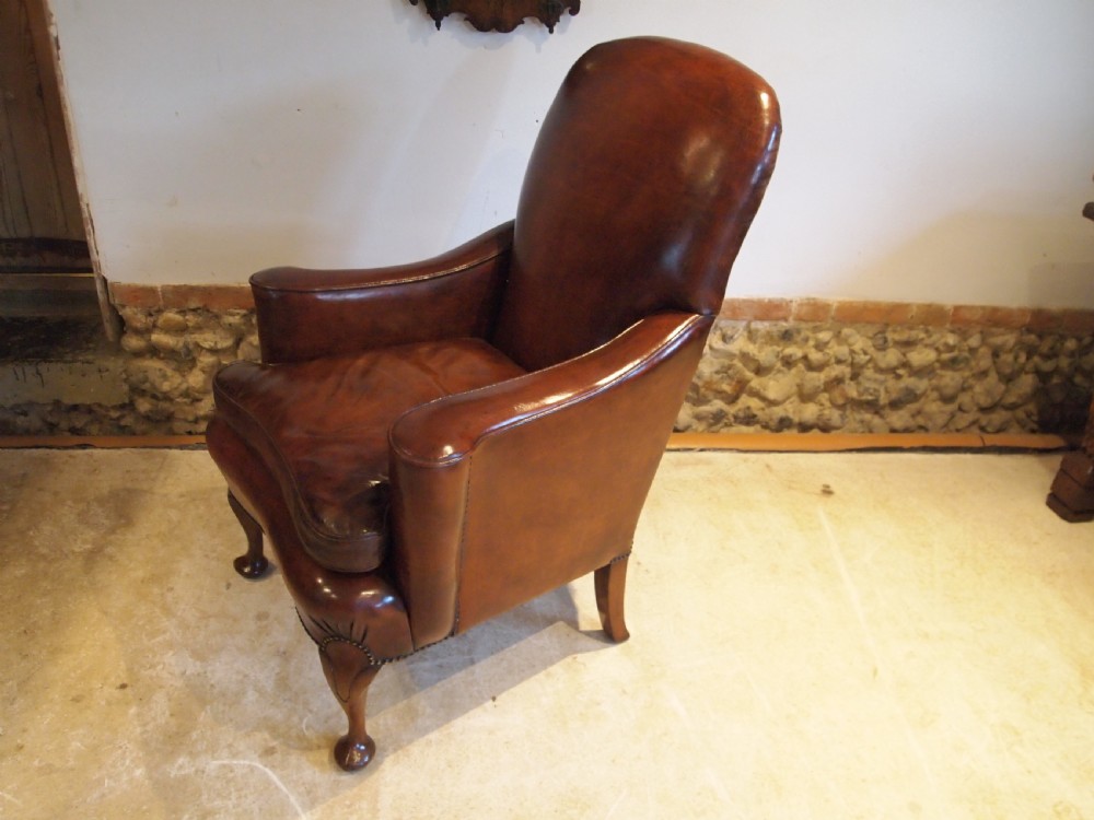 Chair Edwardian Queen Anne Chestnut leather Walnut armchair c1900 View X