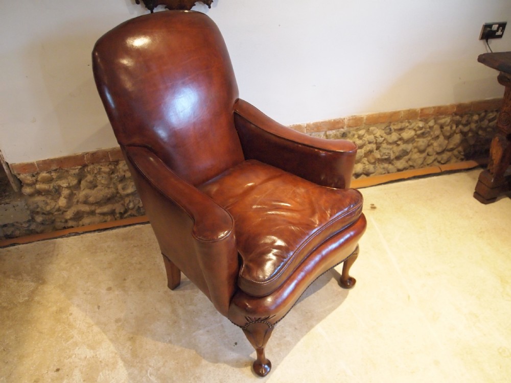 Chair Edwardian Queen Anne Chestnut leather Walnut armchair c1900 View XI