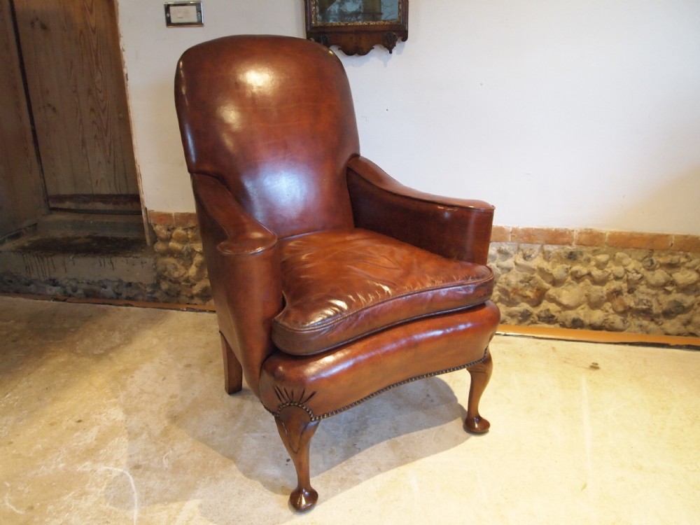 Chair Edwardian Queen Anne Chestnut leather Walnut armchair c1900 View XII