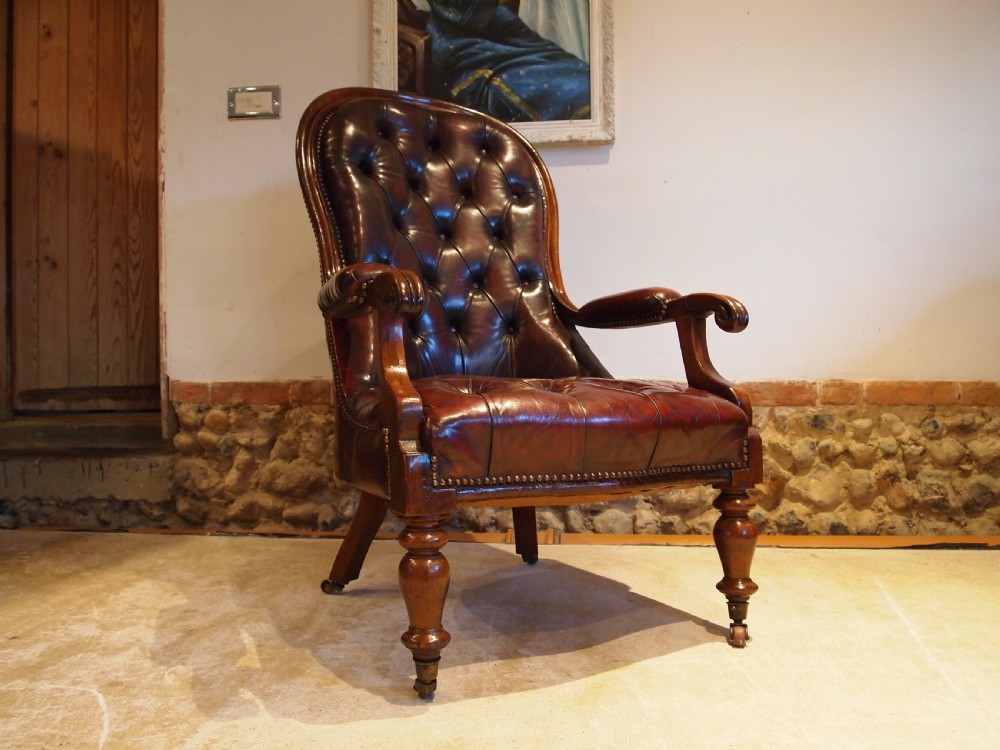 Chair stunning Victorian Walnut & leather armchair c1870 View III